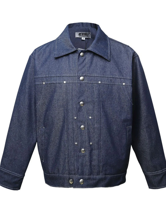 Blue snap-front denim jacket with rivet details, front view
