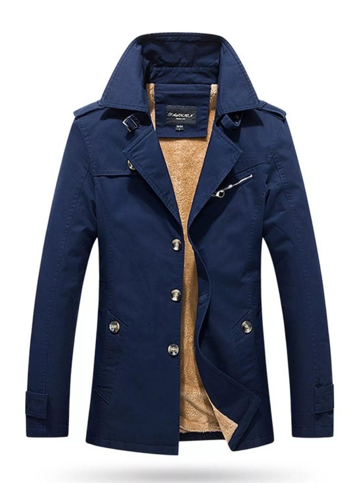 Blue long-sleeve coat shown from the front, with a high collar, button front, pockets and a zippered chest detail.