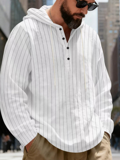 Men's striped Henley hoodie in White — neckline and upper front view showing the hood and buttoned neckline; trousers and accessories are styling only.