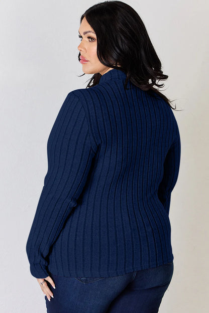 Dark Blue ribbed mock-neck long-sleeve top, product view; one top included, jeans and accessories excluded