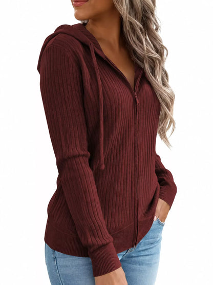 Front or angled view of the burgundy ribbed zip-front hooded cardigan with long sleeves.