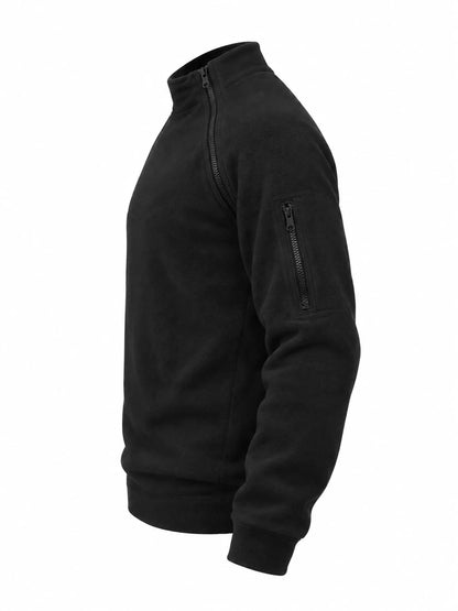 Black men's fleece sweatshirt with stand collar, two angled neckline zips and a zippered sleeve pocket, side product view. One sweatshirt only.