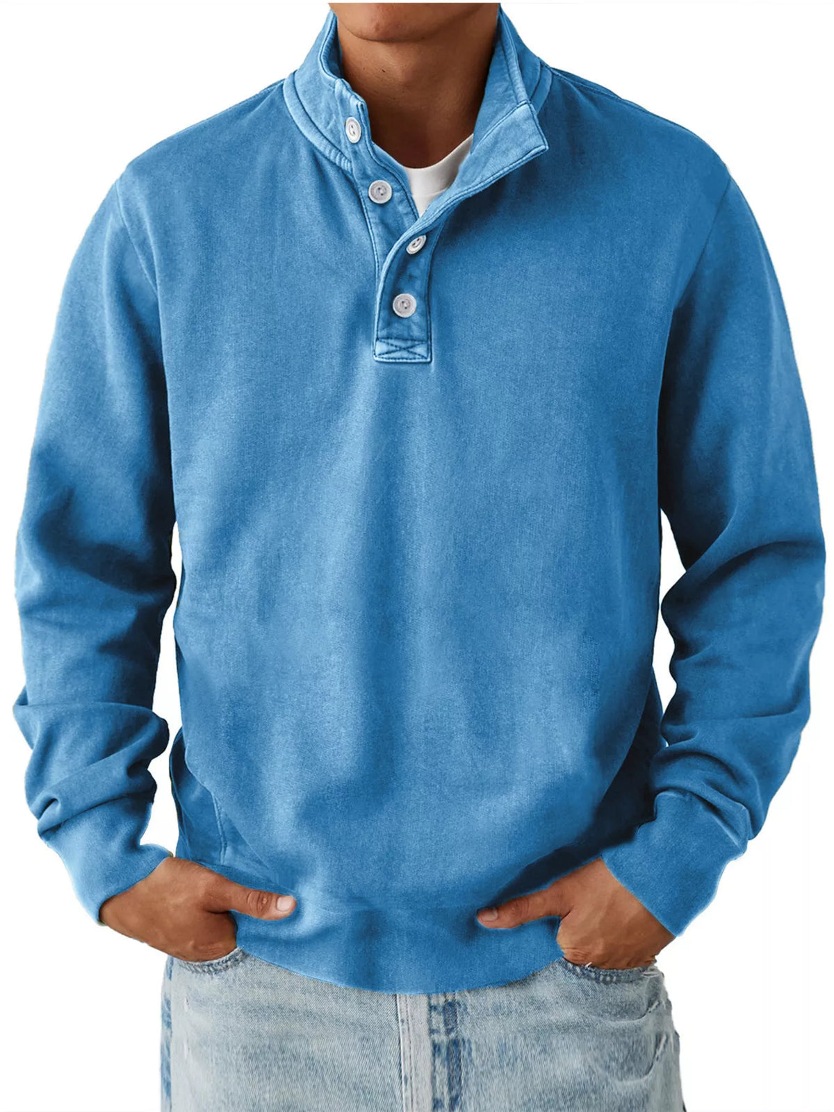 Sky Blue men’s long-sleeve sweatshirt with stand collar and button placket, worn over a separate light T-shirt and jeans. One sweatshirt only.