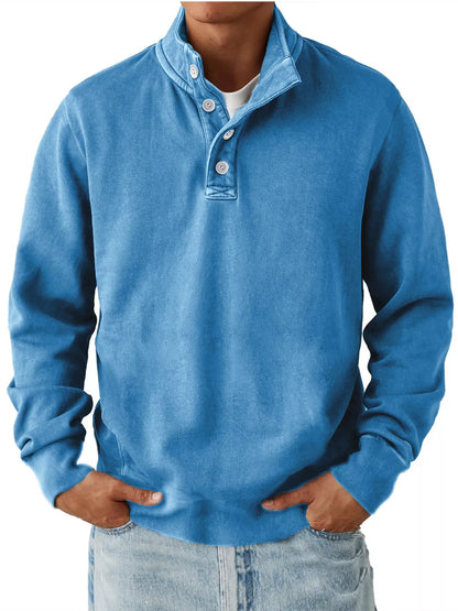 Sky Blue men’s long-sleeve sweatshirt with stand collar and button placket, worn over a separate light T-shirt and jeans. One sweatshirt only.