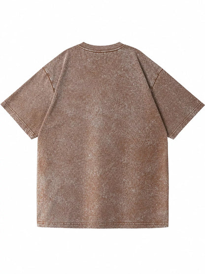 Coffee-Washed acid-wash oversized crewneck T-shirt, rear view. One shirt only.