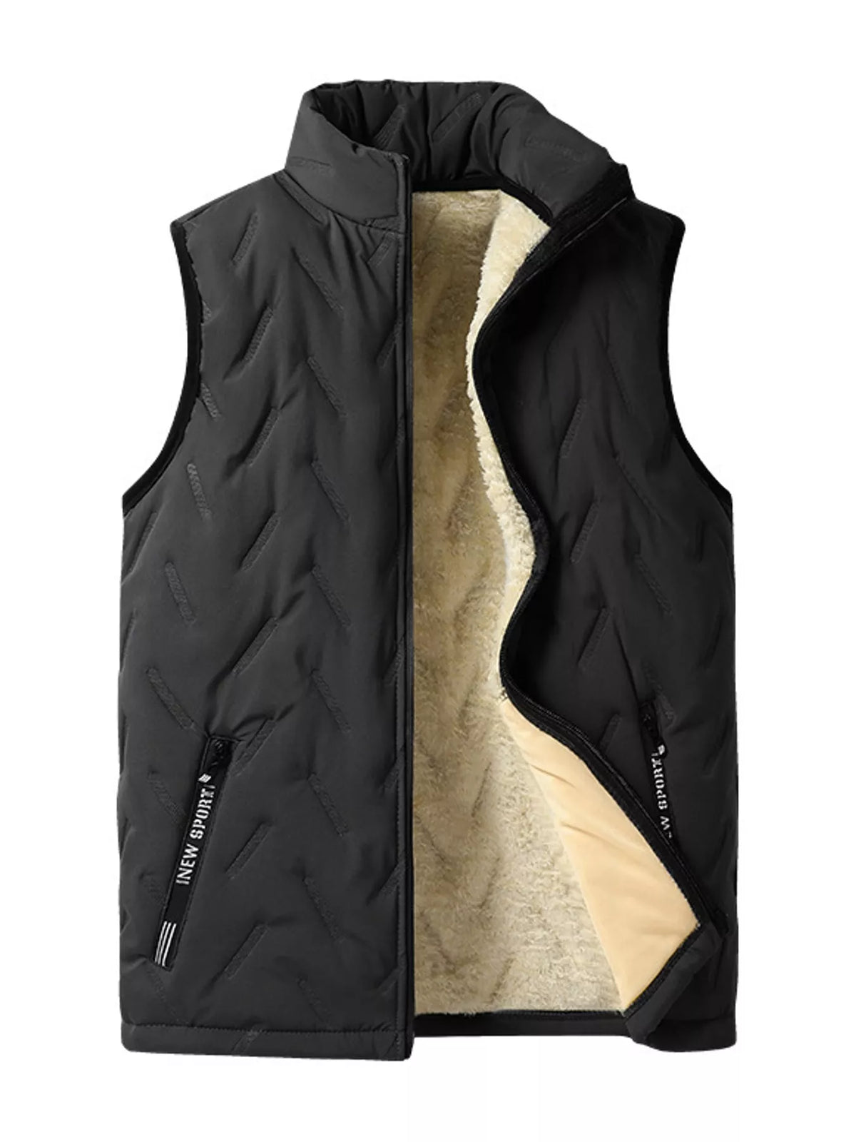Black stand-collar men's fleece-lined quilted vest, front view, partly unzipped. One vest only.