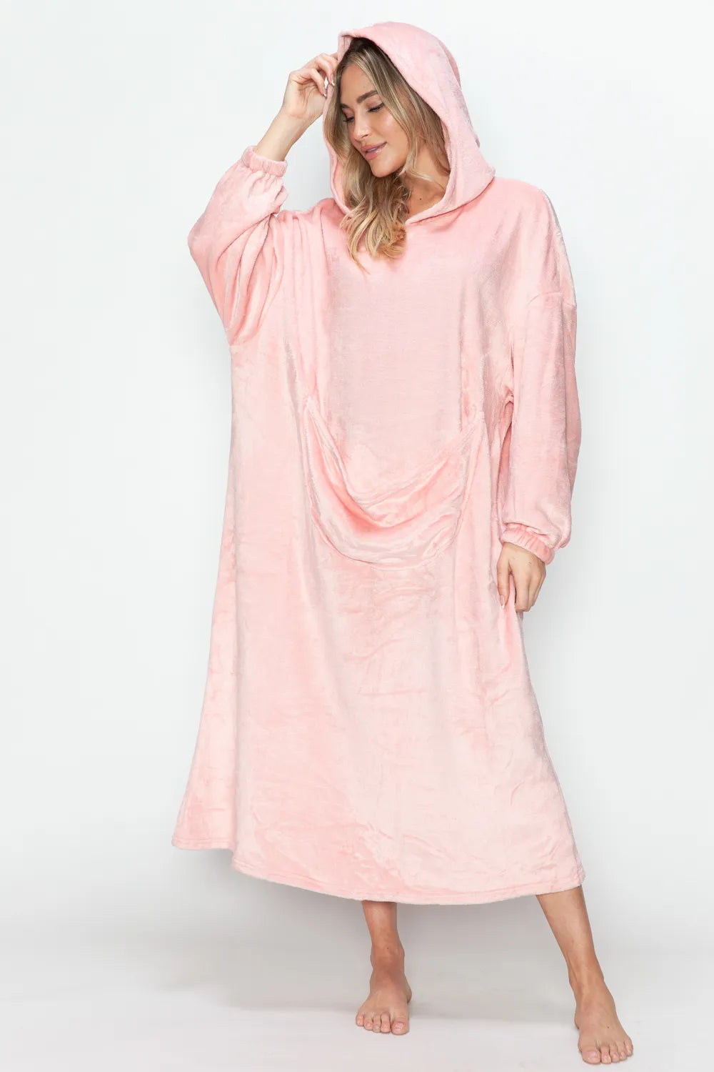 Dusty Pink hooded midi lounge dress with long sleeves and front kangaroo pocket, front or angled view. One dress; styling accessories not included.