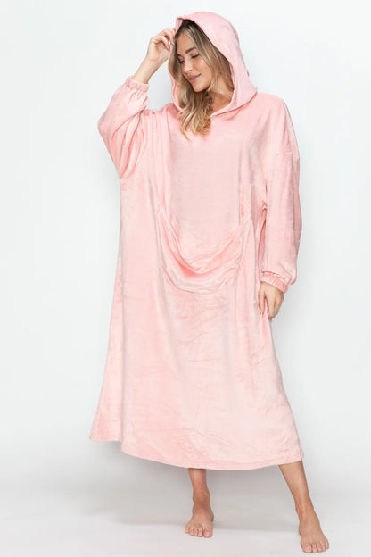 Dusty Pink hooded midi lounge dress with long sleeves and front kangaroo pocket, front or angled view. One dress; styling accessories not included.