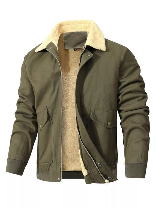 Army Green sherpa-lined jacket, front view