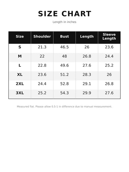 Windbreaker garment size chart in inches for S through 3XL.