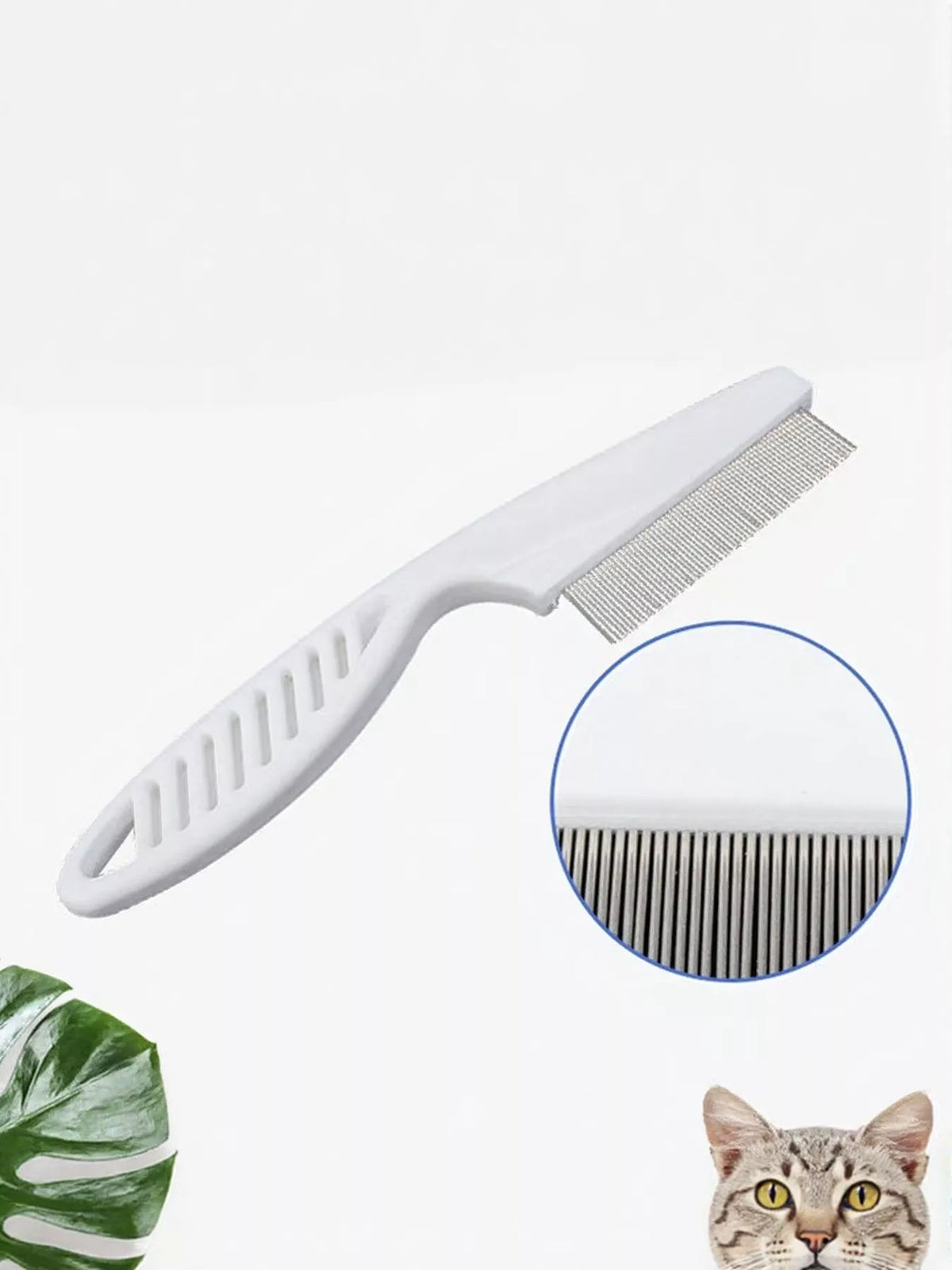 White fine-tooth pet comb with an enlarged view of its teeth and a cat.