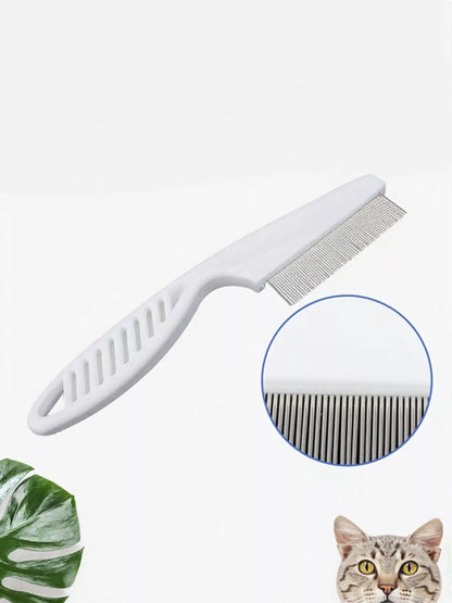 White fine-tooth pet comb with an enlarged view of its teeth and a cat.