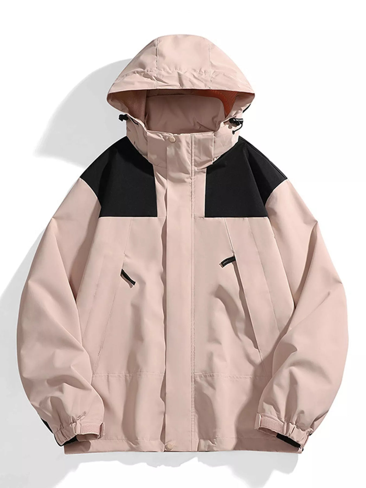 Pink windbreaker with black shoulder panels, front view.