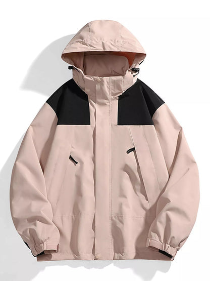Pink windbreaker with black shoulder panels, front view.