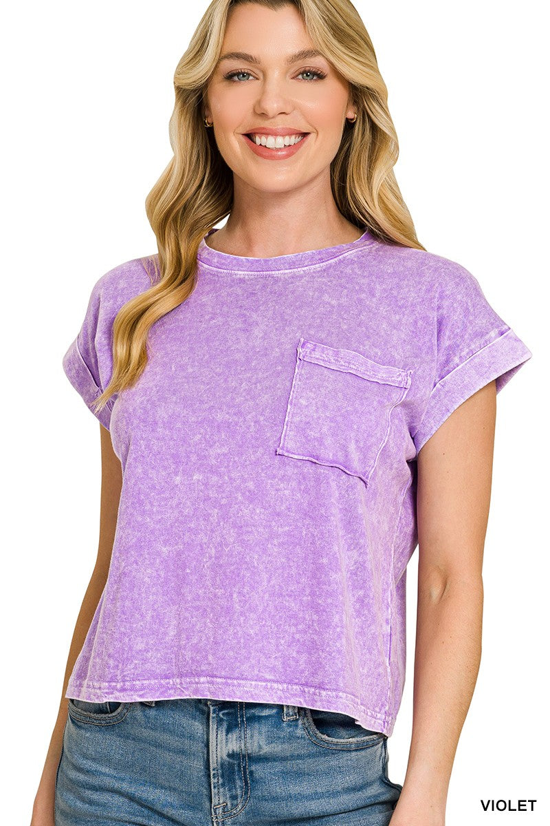 Front view of violet Zenana washed cotton pocket T-shirt with cuffed short sleeves. Top only; jeans and accessories not included.