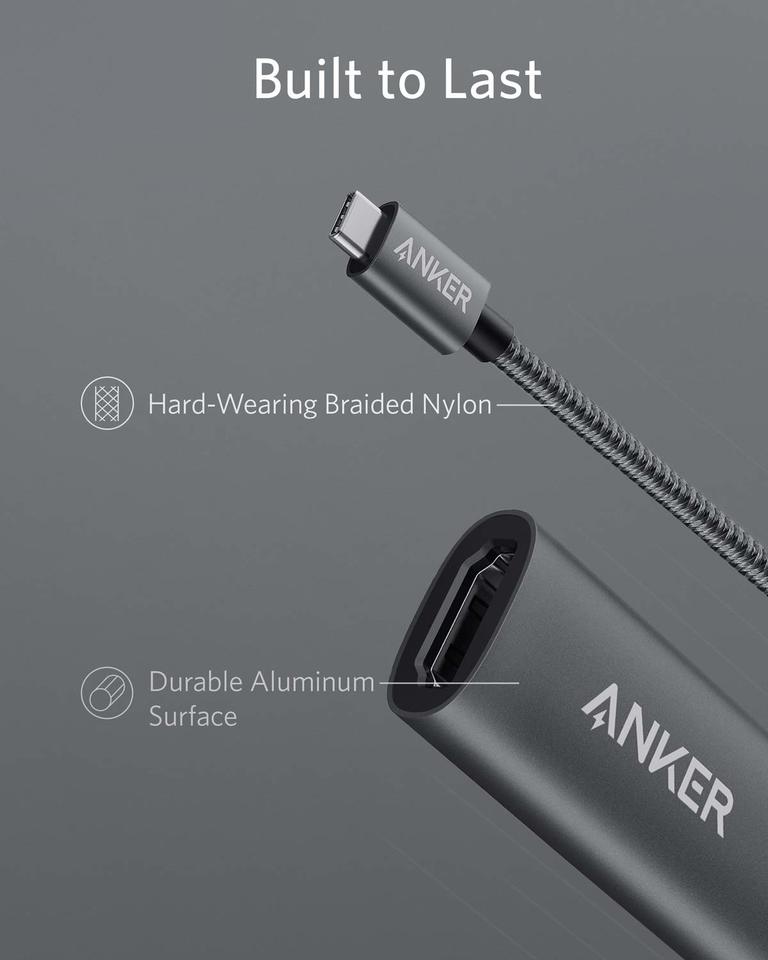 Close-up of the Anker adapter's braided cable and aluminum housing.