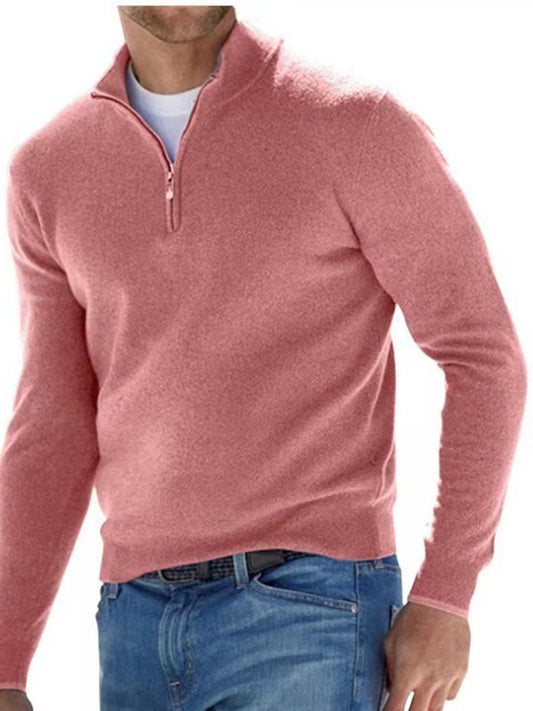 Men's Pink quarter-zip long-sleeve sweater, front view; sweater only.