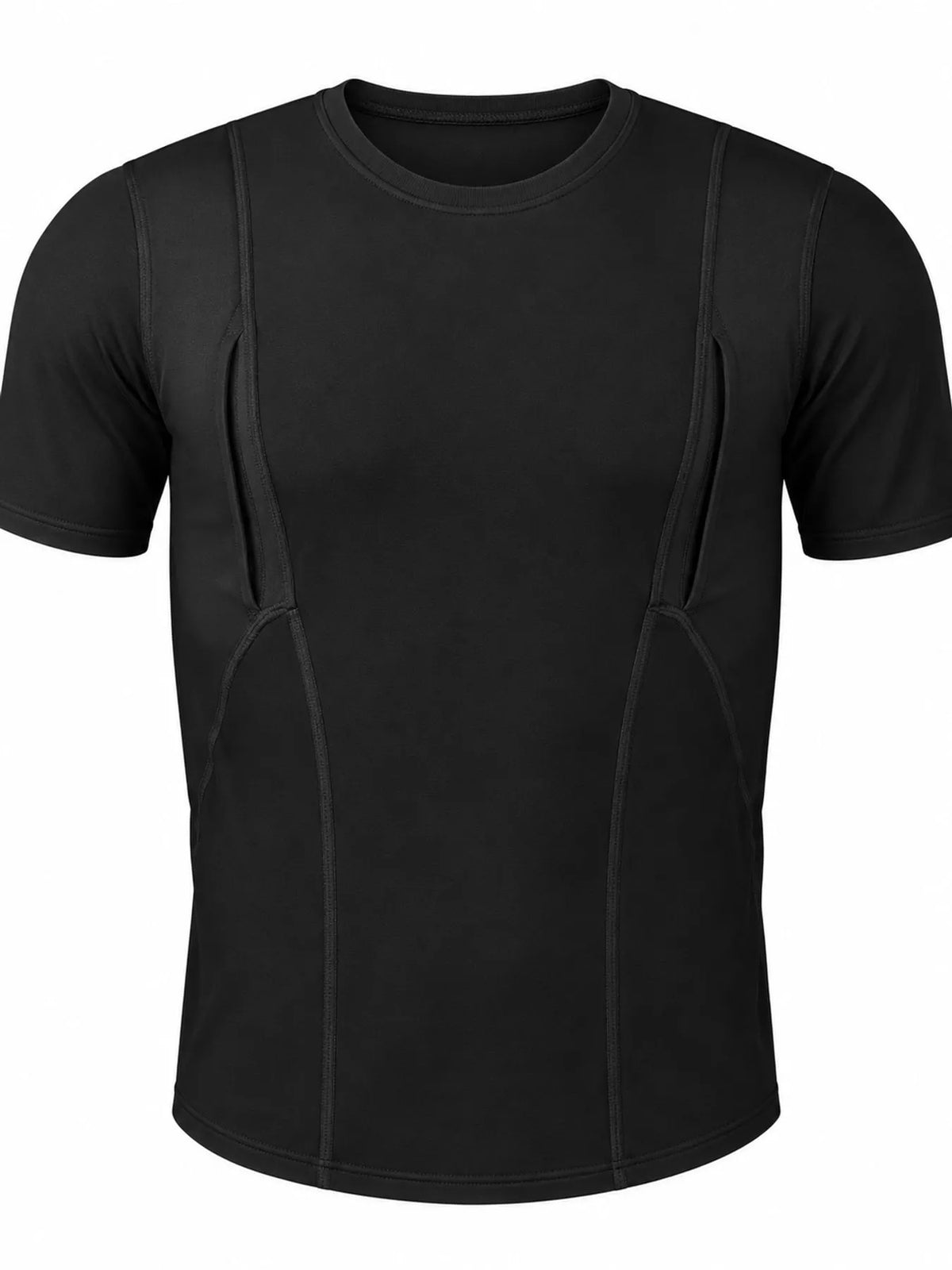 Black active T-shirt with curved seam panels and side pocket openings, shown alone.