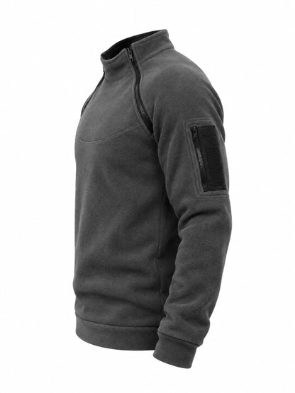 Dark Gray men's fleece sweatshirt with stand collar, two angled neckline zips and a zippered sleeve pocket, side product view. One sweatshirt only.