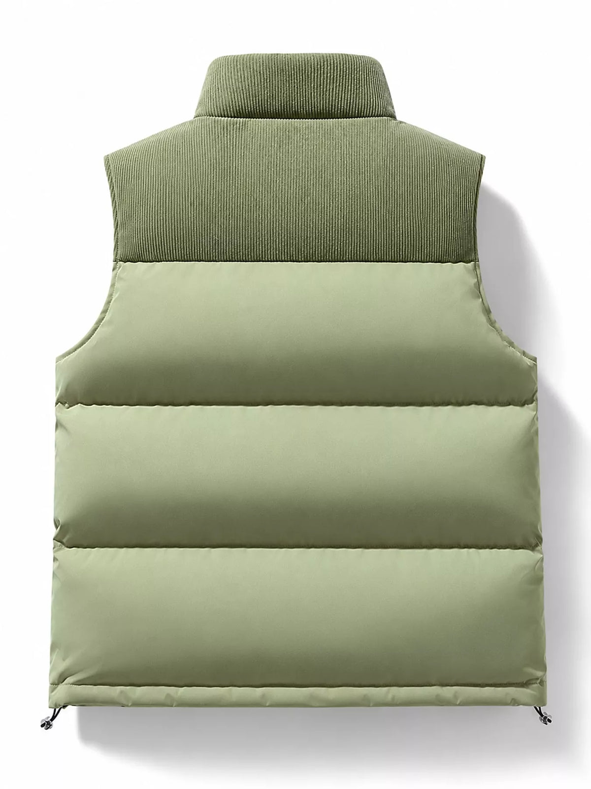 Apple Green men's corduroy-panel puffer vest, back view. One vest is sold.