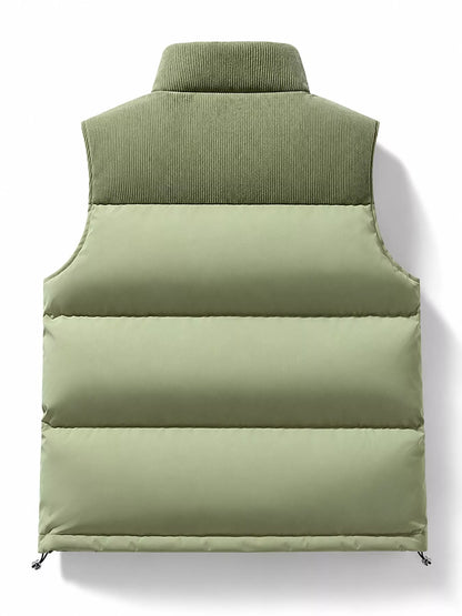 Apple Green men's corduroy-panel puffer vest, back view. One vest is sold.