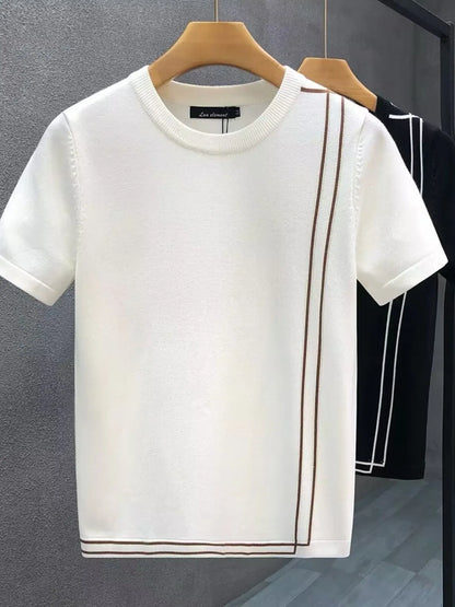 White contrast-trim T-shirt in front, with Black color option behind. One T-shirt per order.