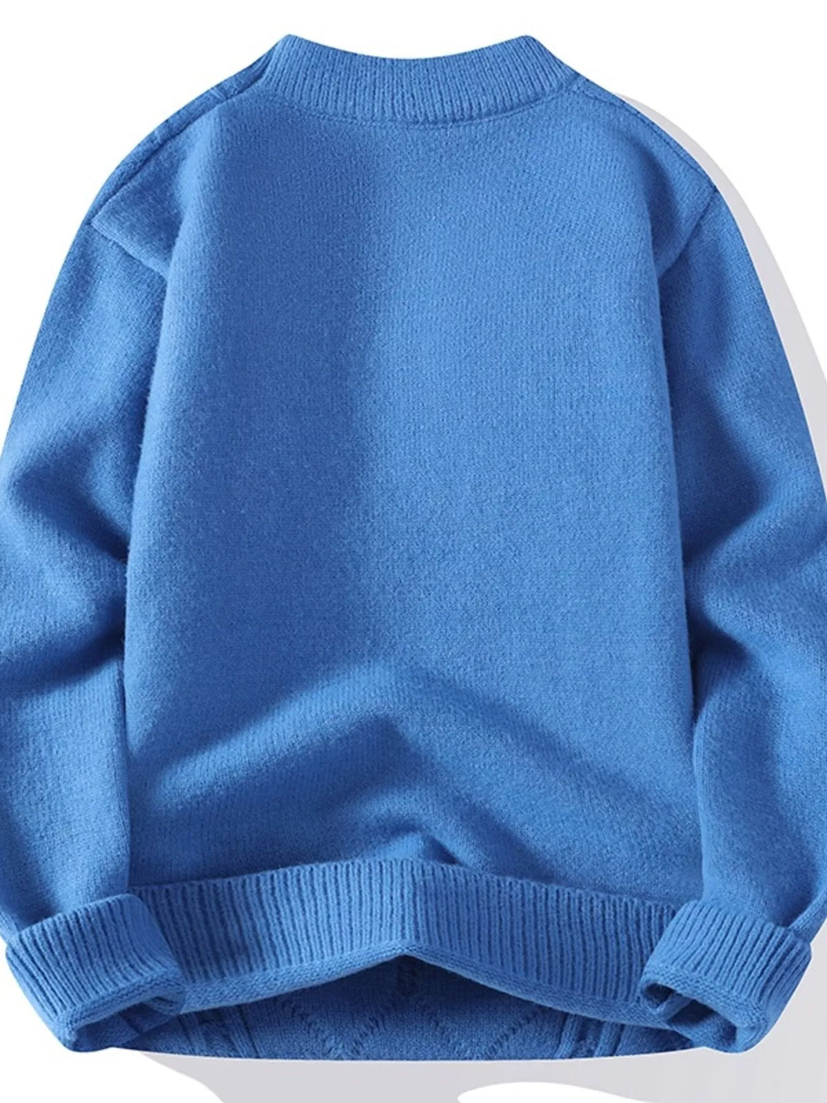 Blue men's cable-knit crewneck sweater, plain back view, shown flat.