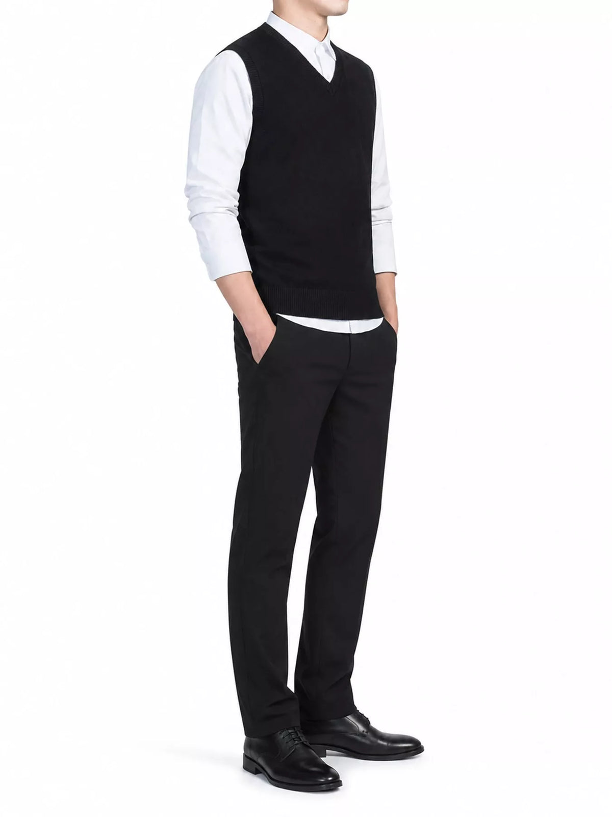 Men's V-neck sweater vest — product view 2; shirt and trousers not included