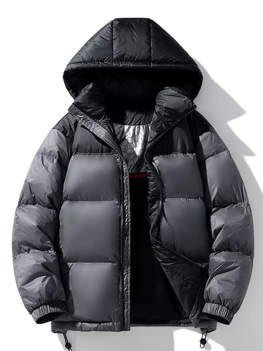 Dark gray hooded puffer jacket with zip front and gathered cuffs, front view