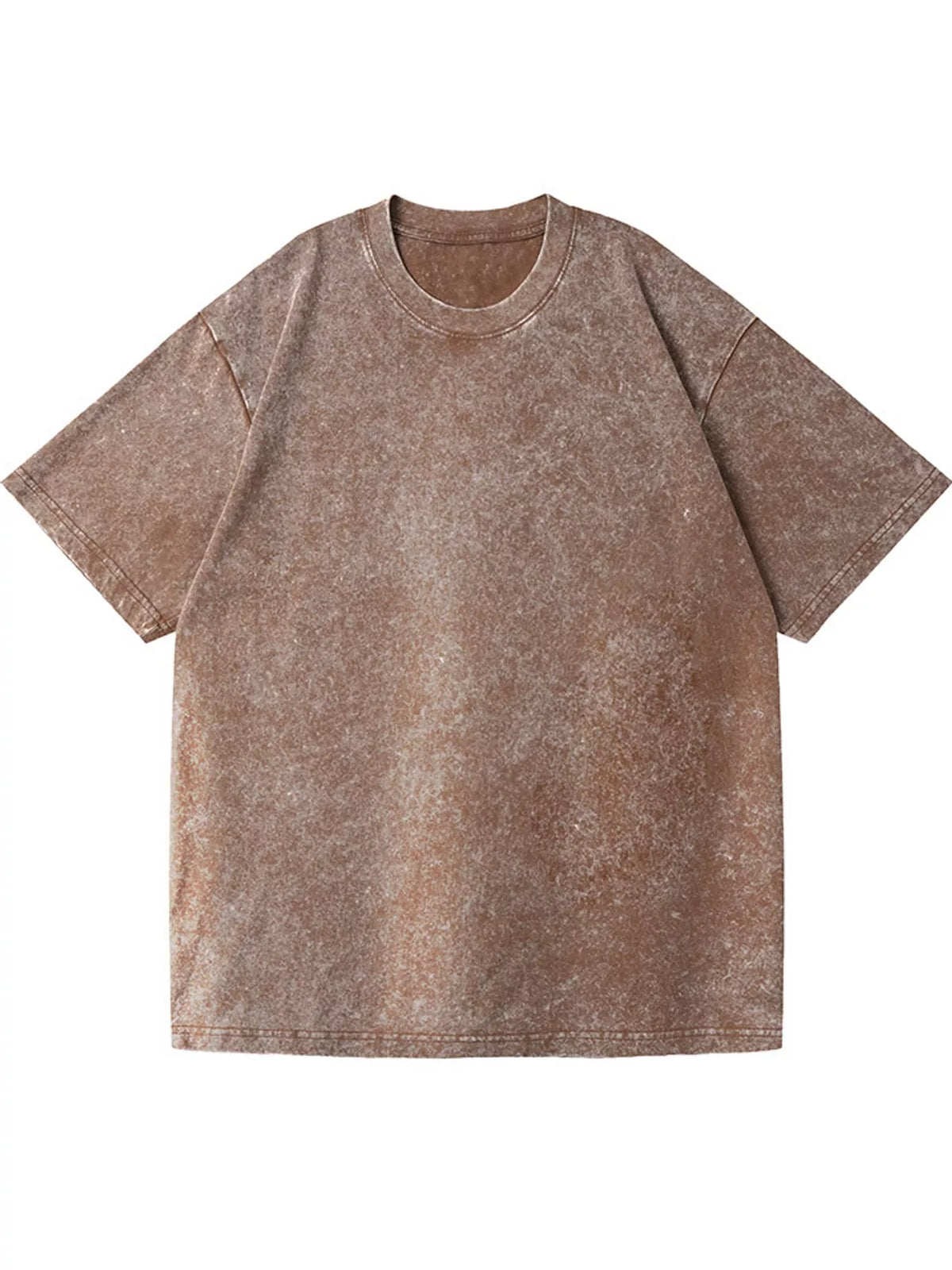 Coffee-Washed acid-wash oversized crewneck T-shirt, front view. One shirt only.