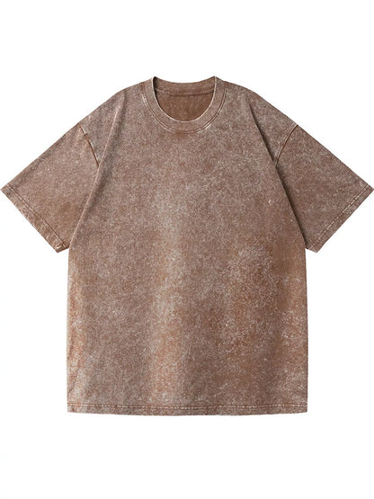 Coffee-Washed acid-wash oversized crewneck T-shirt, front view. One shirt only.