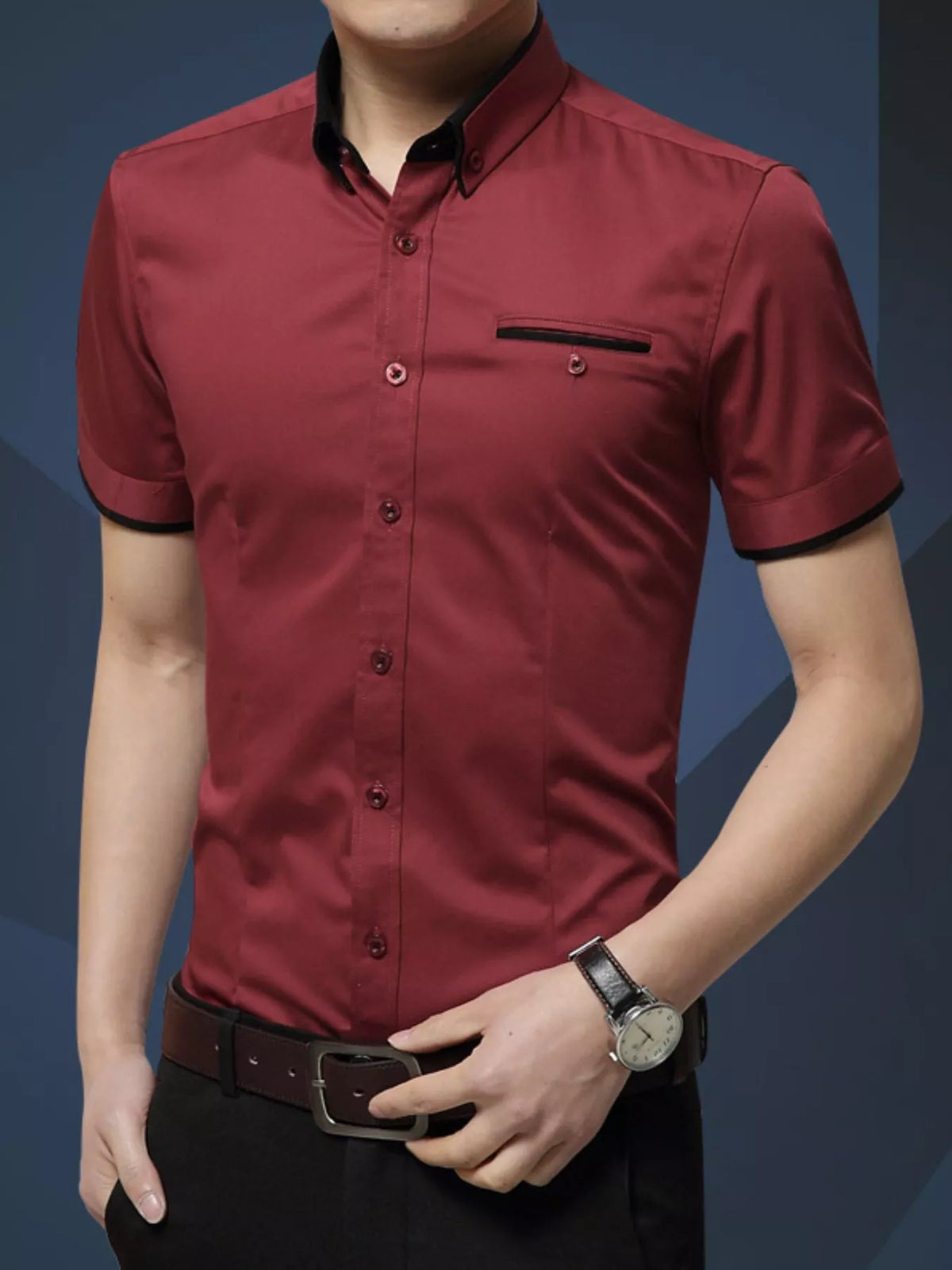 Men's Burgundy button-up short-sleeve shirt, front view. Shirt only; styling accessories not included.