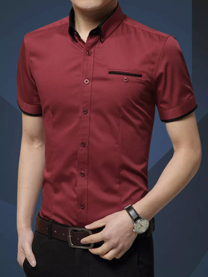 Men's Burgundy button-up short-sleeve shirt, front view. Shirt only; styling accessories not included.