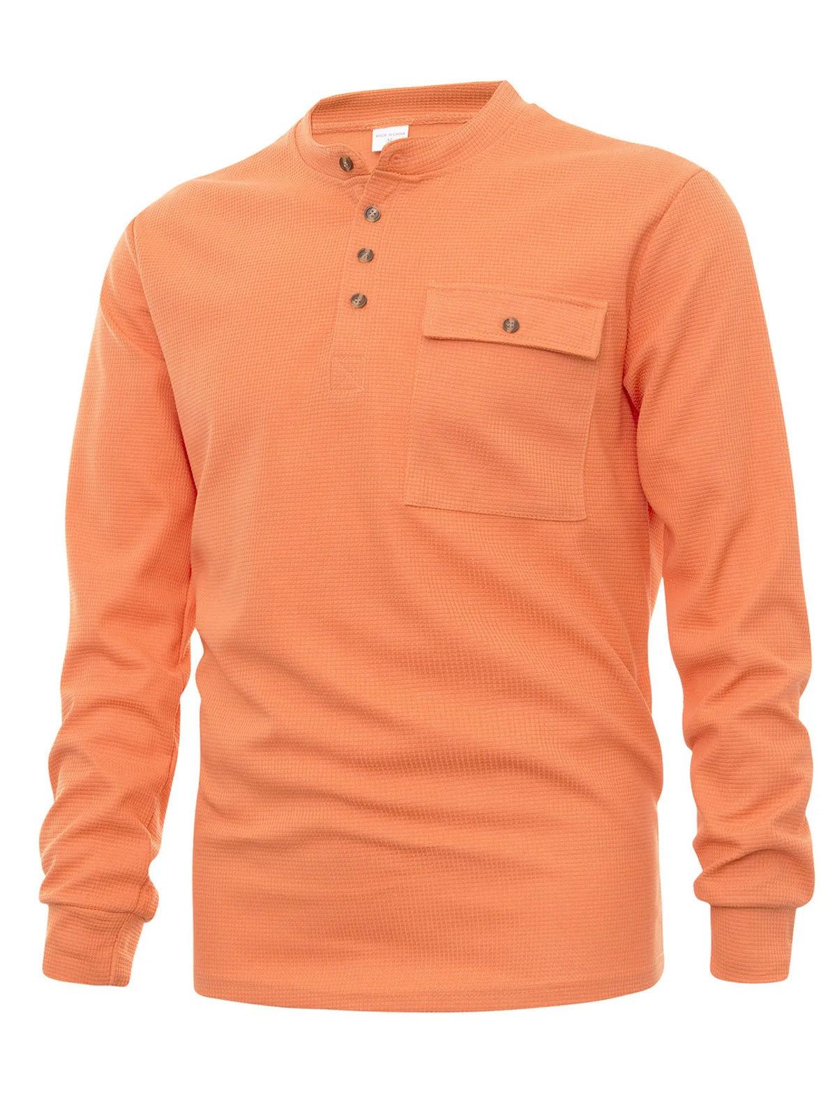 Men's button-detail long-sleeve shirt — Orange angled view