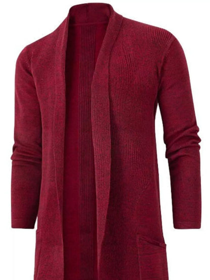 Men's longline ribbed open-front cardigan with long sleeves and front pockets — Burgundy front view.