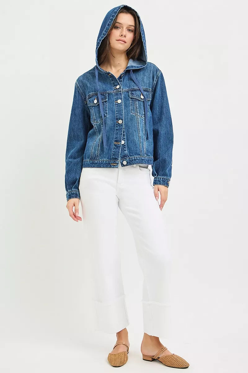 RISEN medium-wash denim jacket buttoned closed with the drawstring hood raised; jacket only