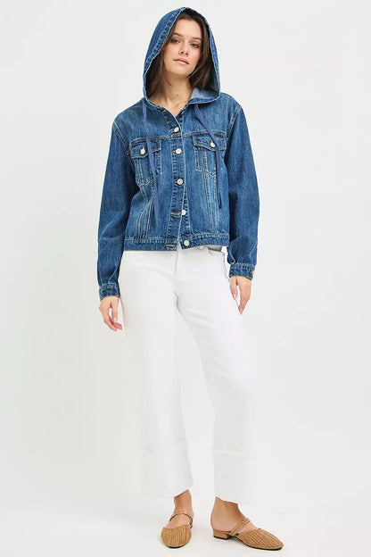 RISEN medium-wash denim jacket buttoned closed with the drawstring hood raised; jacket only