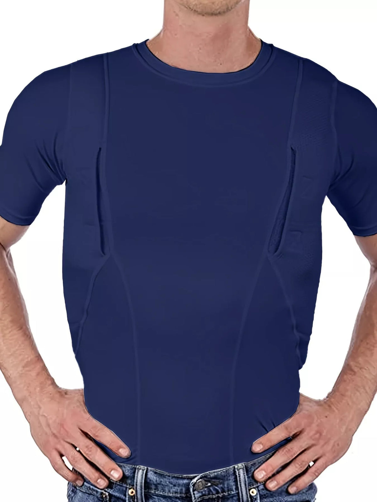 Navy blue short-sleeve crewneck active T-shirt worn by a model, front view.