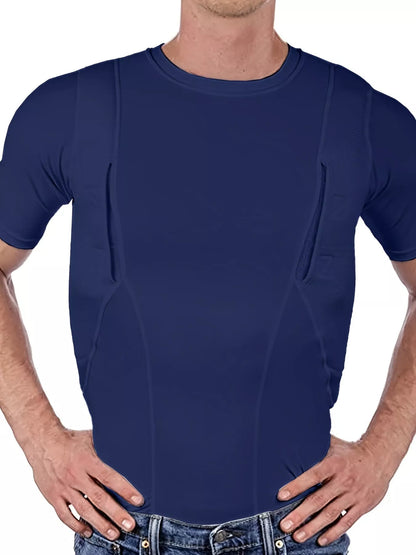 Navy blue short-sleeve crewneck active T-shirt worn by a model, front view.