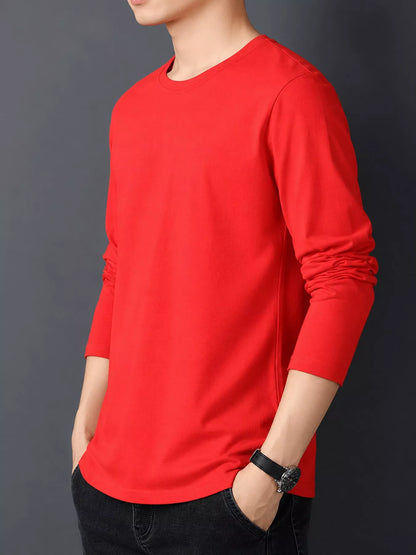 Red men's cotton long-sleeve crewneck tee, side view.