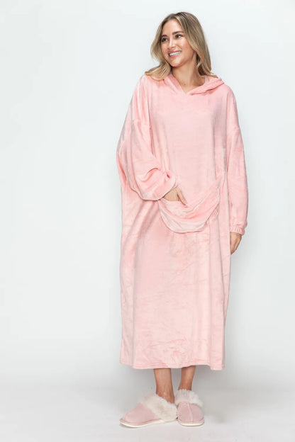 Dusty Pink hooded midi lounge dress with long sleeves and front kangaroo pocket, front or angled view. One dress; styling accessories not included.