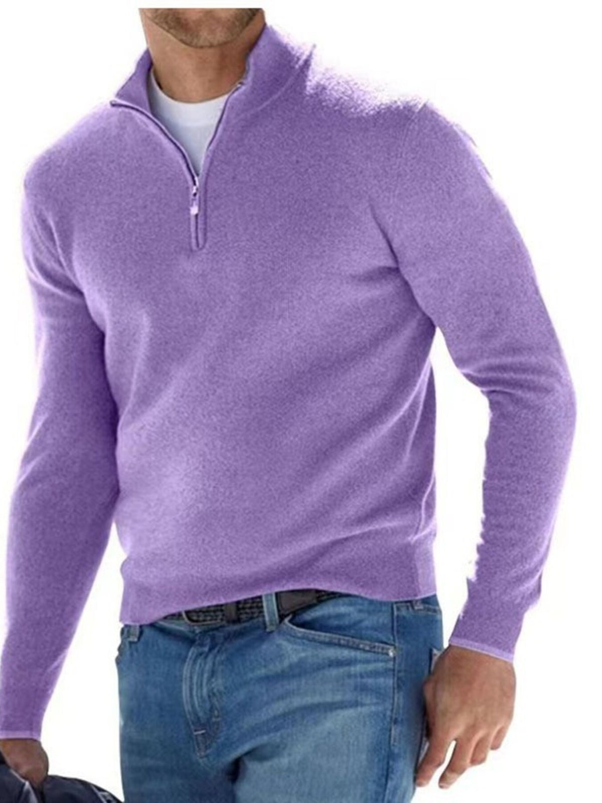 Men's Purple quarter-zip long-sleeve sweater, front view; sweater only.