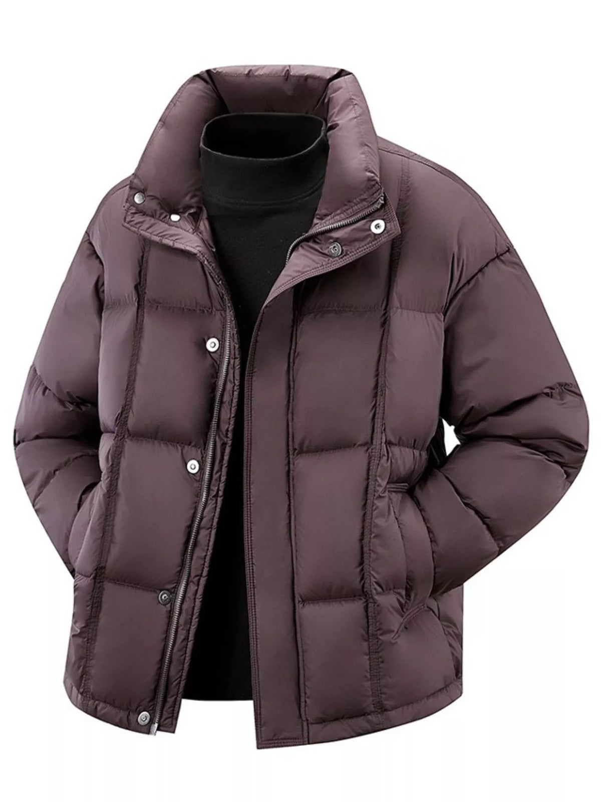 Red padded jacket, front view over a black turtleneck layer