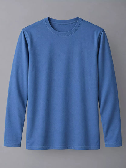 Dusty Blue men's cotton long-sleeve crewneck tee, laid flat.