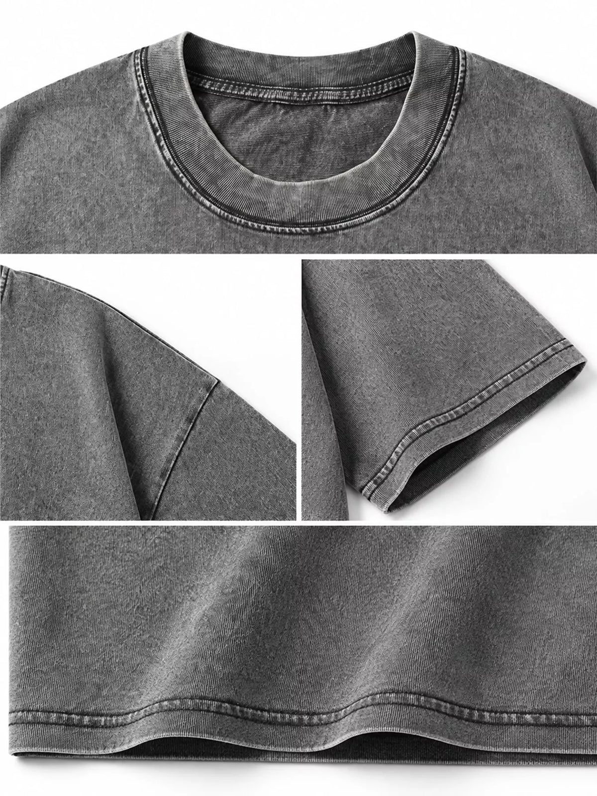 Dark Gray-Washed acid-wash oversized crewneck T-shirt, detail collage of neckline, sleeves, hem and fabric. One shirt only.