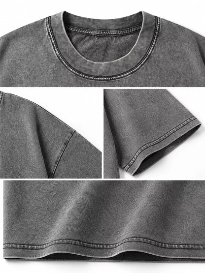 Dark Gray-Washed acid-wash oversized crewneck T-shirt, detail collage of neckline, sleeves, hem and fabric. One shirt only.