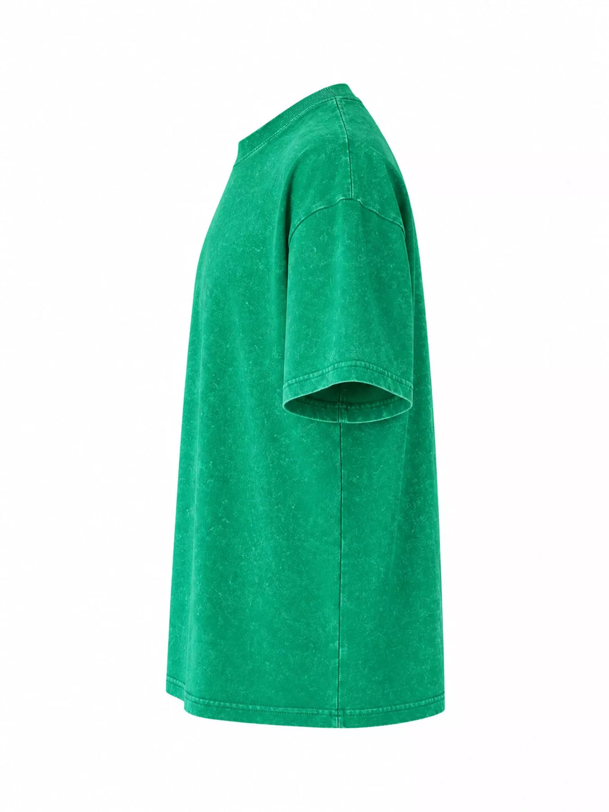 Grass Green-Washed acid-wash oversized crewneck T-shirt, side view. One shirt only.
