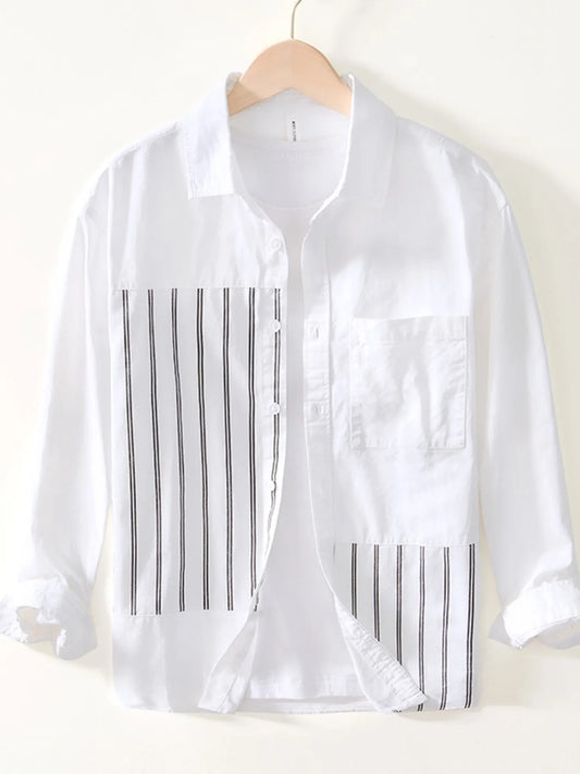 White long-sleeve button-up shirt with contrast stripe panels and chest pocket, front view