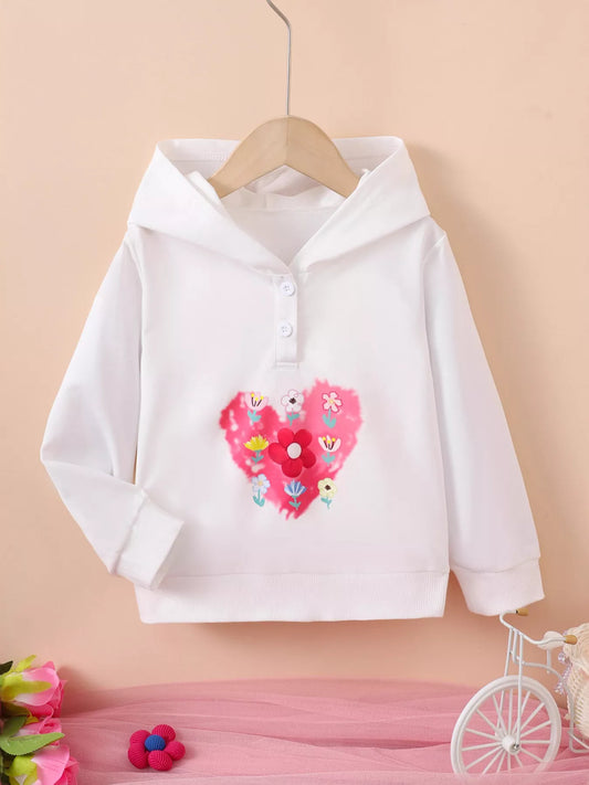 Front of children's gray-white floral heart hoodie with buttoned neckline