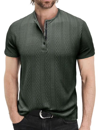 Army Green men's chevron-textured short-sleeve Henley shirt, front view; shirt only